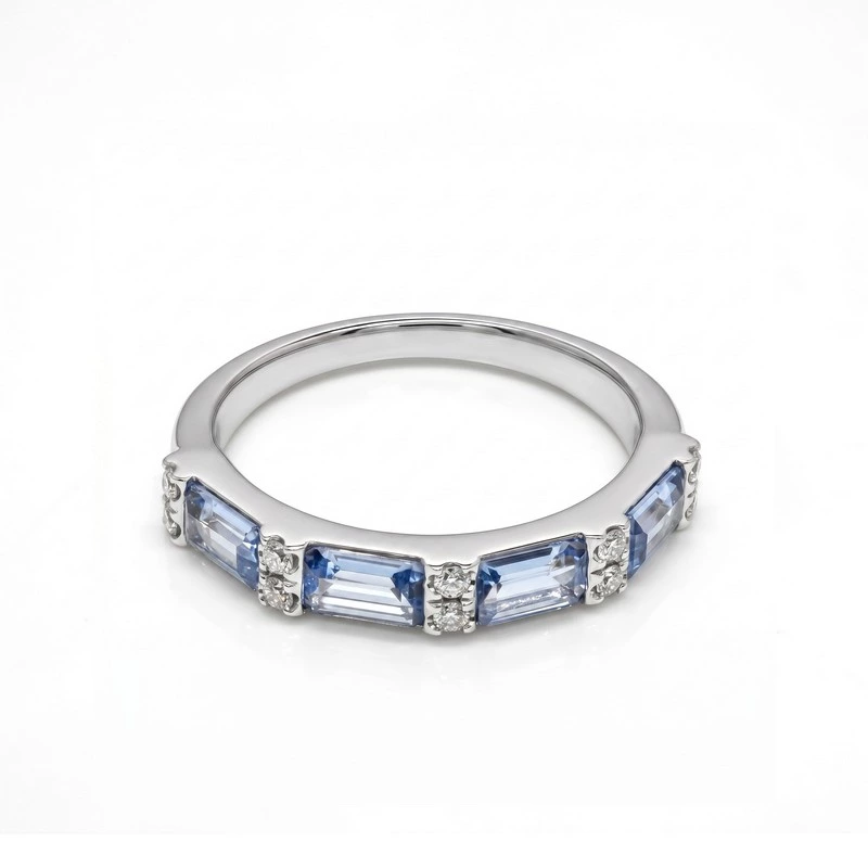 Baguette Blue Gem & Round Lab Diamond Half Eternity Band