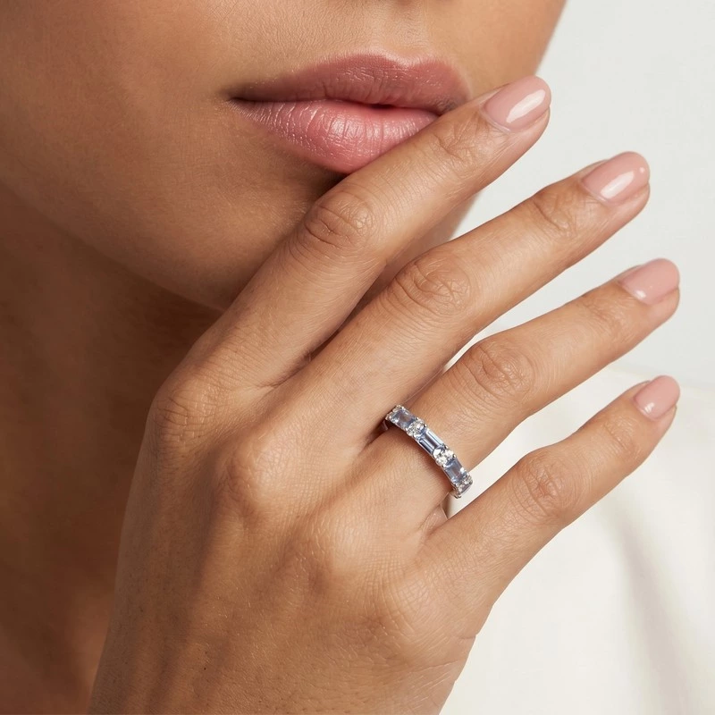 Baguette Blue Gem & Round Lab Diamond Half Eternity Band wearing effect