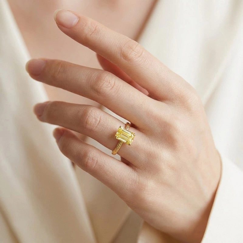 Emerald Yellow Lab Diamond Solitaire Ring Textured Grid wearing effect