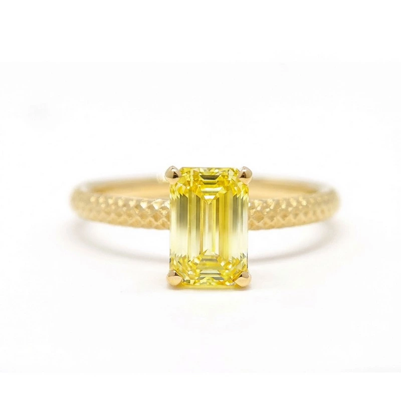 Textured Grid Gold Emerald Cut Yellow Lab Diamond Solitaire Ring