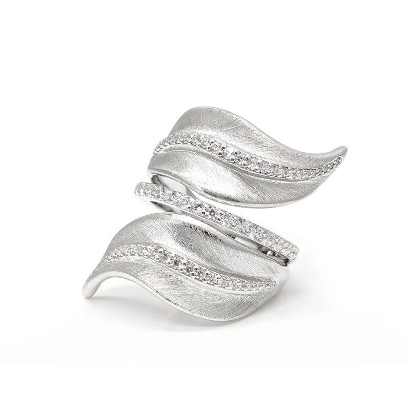 Brushed Leaf Wrap Ring Paved With Tiny Lab Grown Diamonds