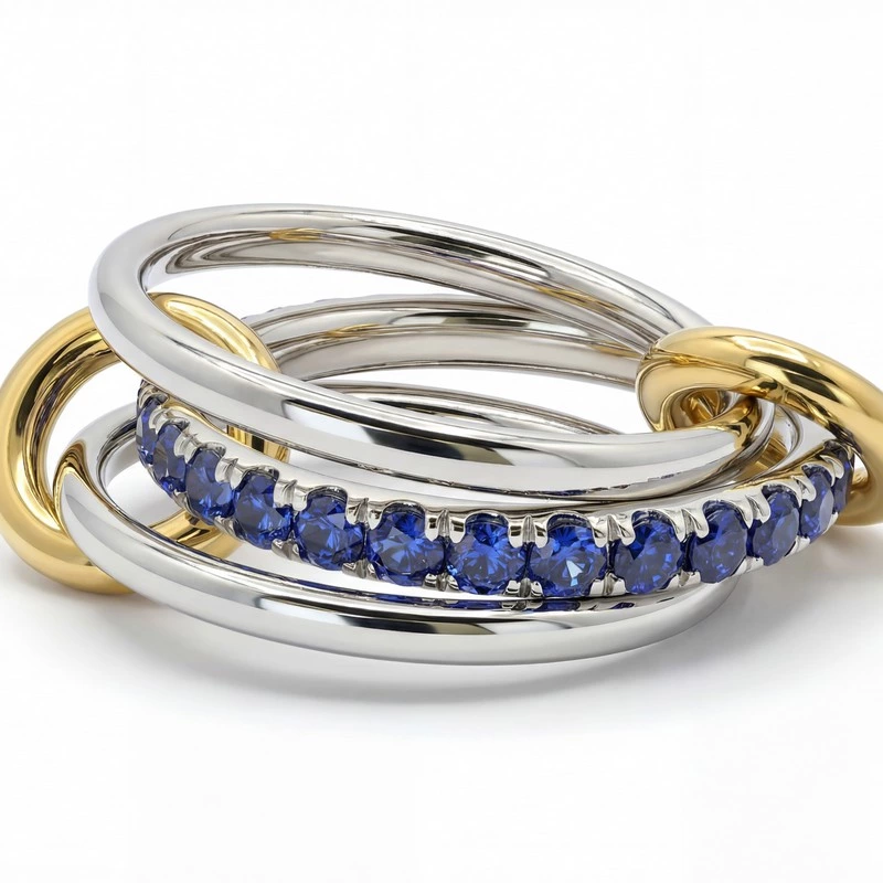 Two-tone Interlocked 3-Band Ring Gradient Blue Sapphire Half Eternity