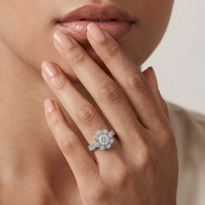 Vintage Milgrain Floral Silhouette Lab Diamond Ring Wearing  Effect