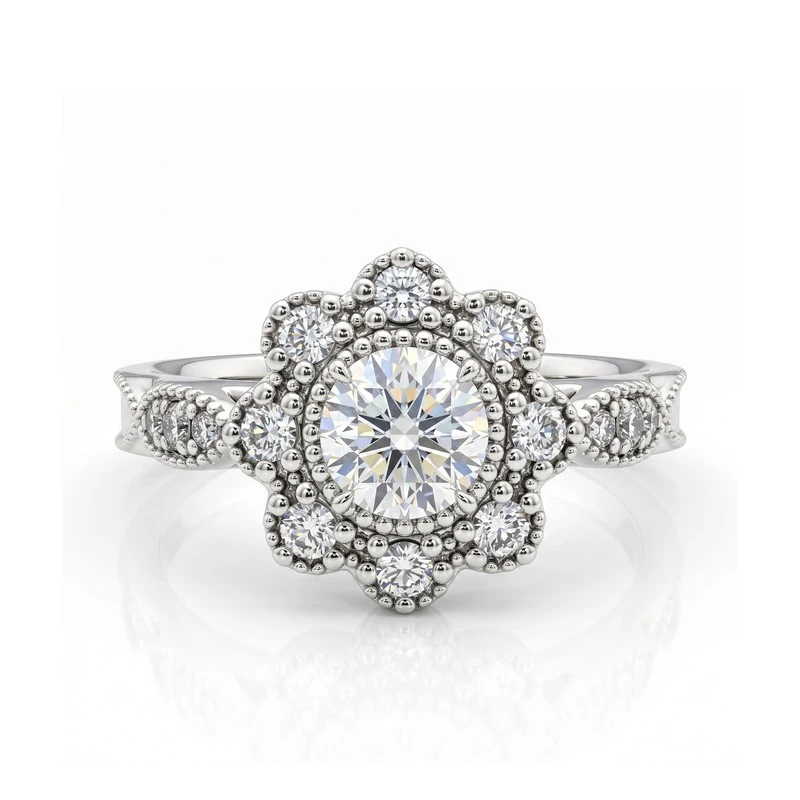 Vintage Floral Halo Lab Diamond Ring Milgrain Detailed Band