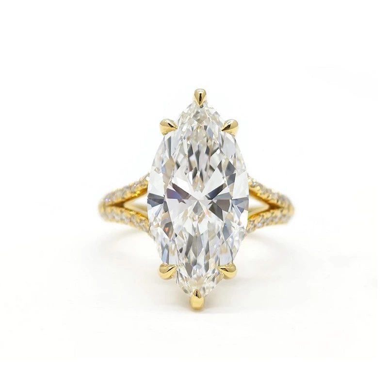 Yellow Gold Marquise Cut Lab Diamond Split Shank Halo Ring