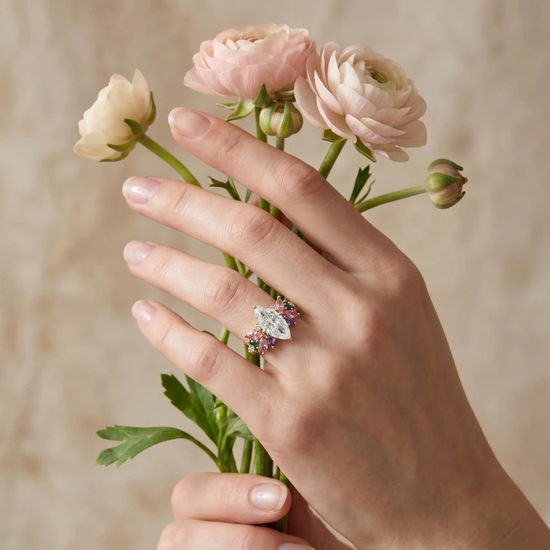 Marquise Lab Diamond Multicolor Gem Cluster Ring Wearing Effect