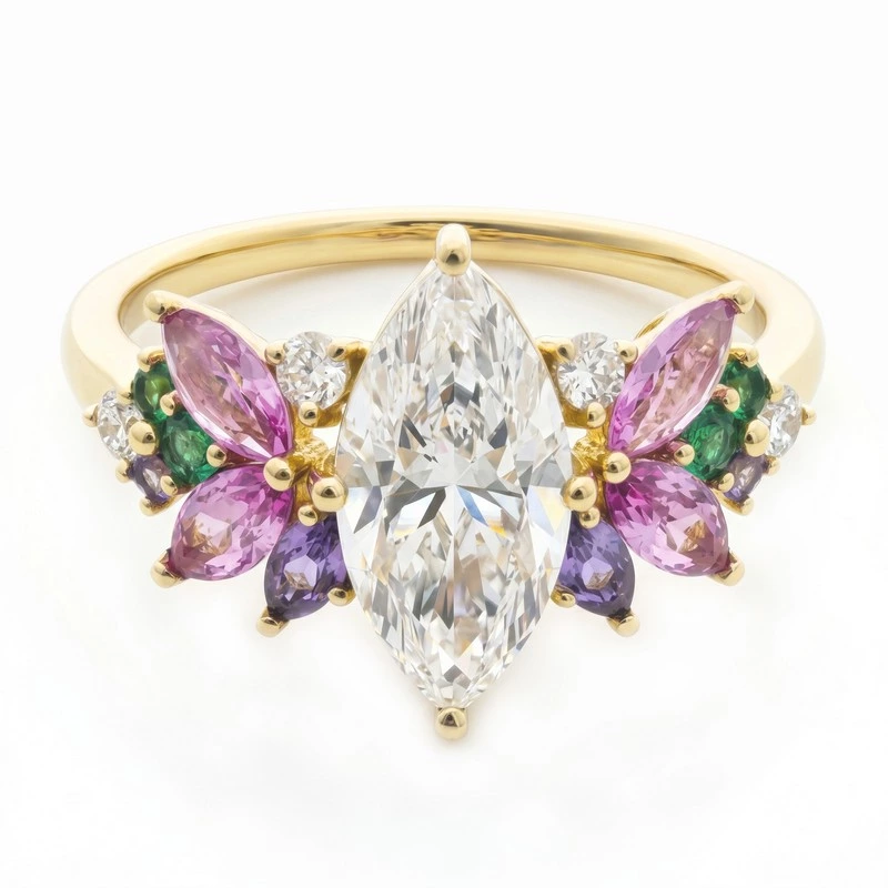 Yellow Gold Marquise Lab Diamond Multicolor Gem Floral Ring