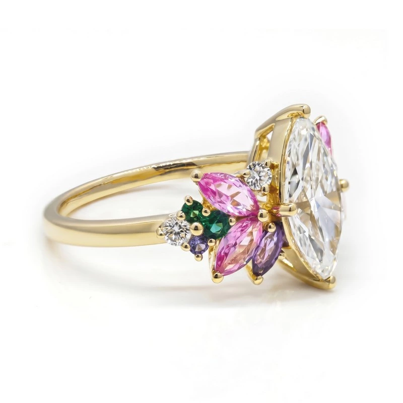 Marquise Lab Diamond Multicolor Gem Cluster Ring Side View