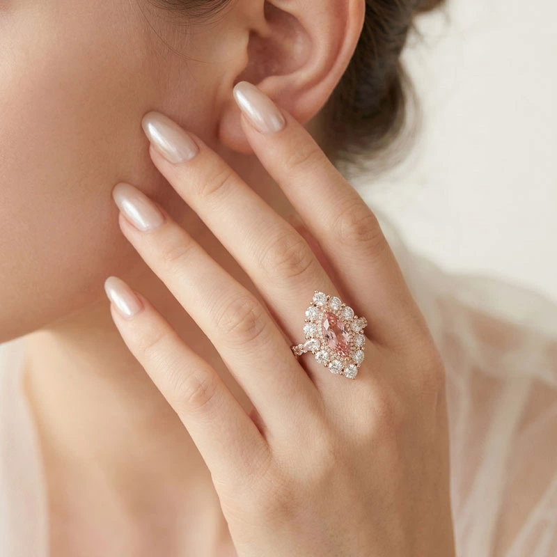 Wearing Effect of Marquise Cut Pink Lab Diamond Vintage Halo Ring