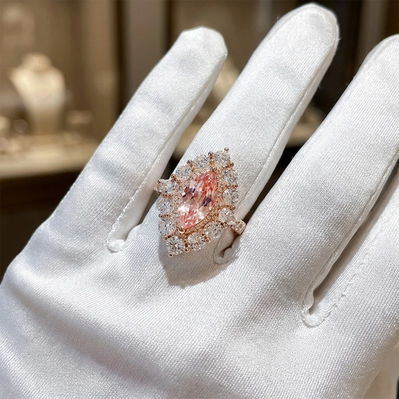 Marquise Cut Pink Lab Diamond Vintage Halo Ring Wearing effect