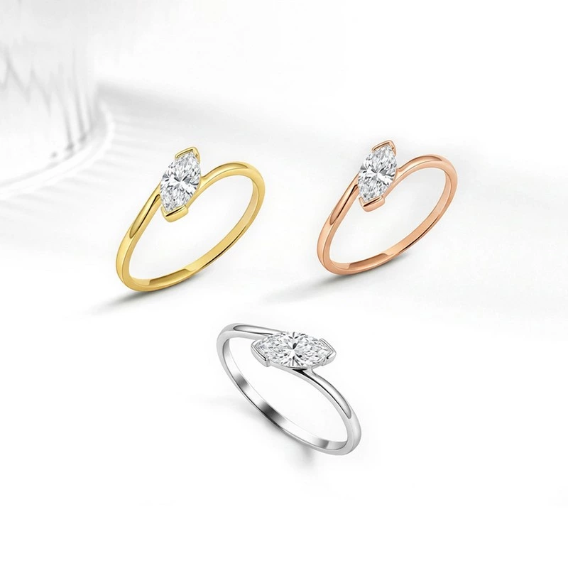 Bypass Band Marquise Lab Diamond Solitaire 3 Tone Ring