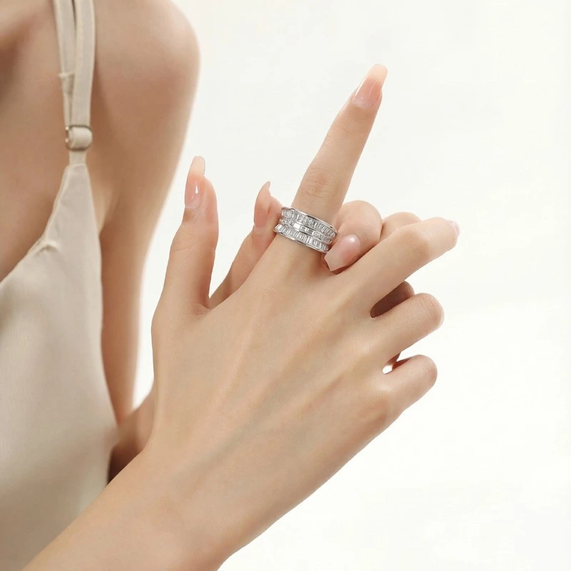 Baguette Lab Diamond Half Eternity Curved Wide Band Wearing Effect