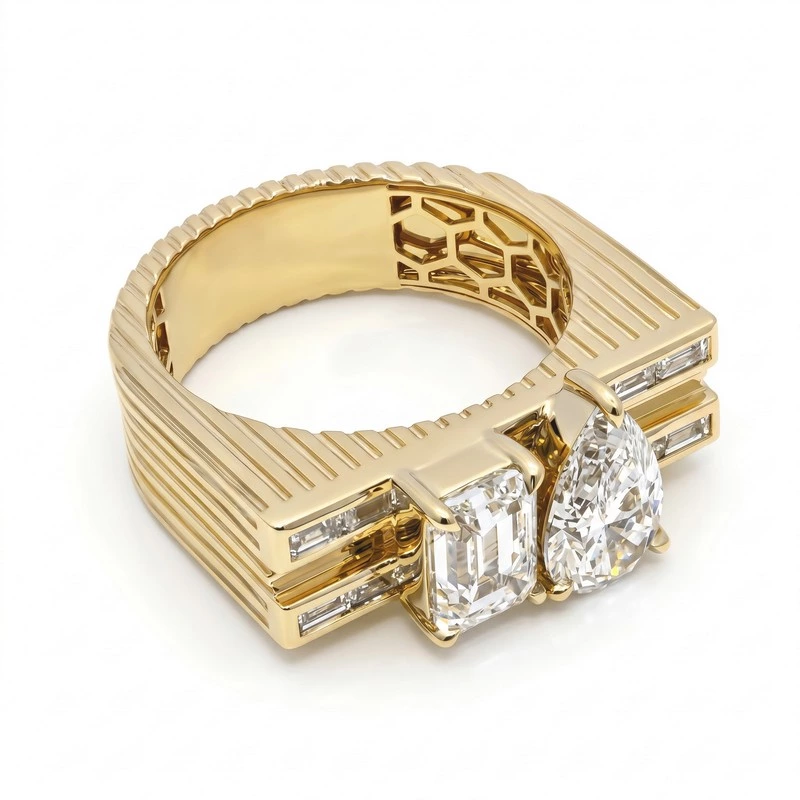 Grooved Gold Two-Stone Pear & Emerald Cut Lab Diamond Ring