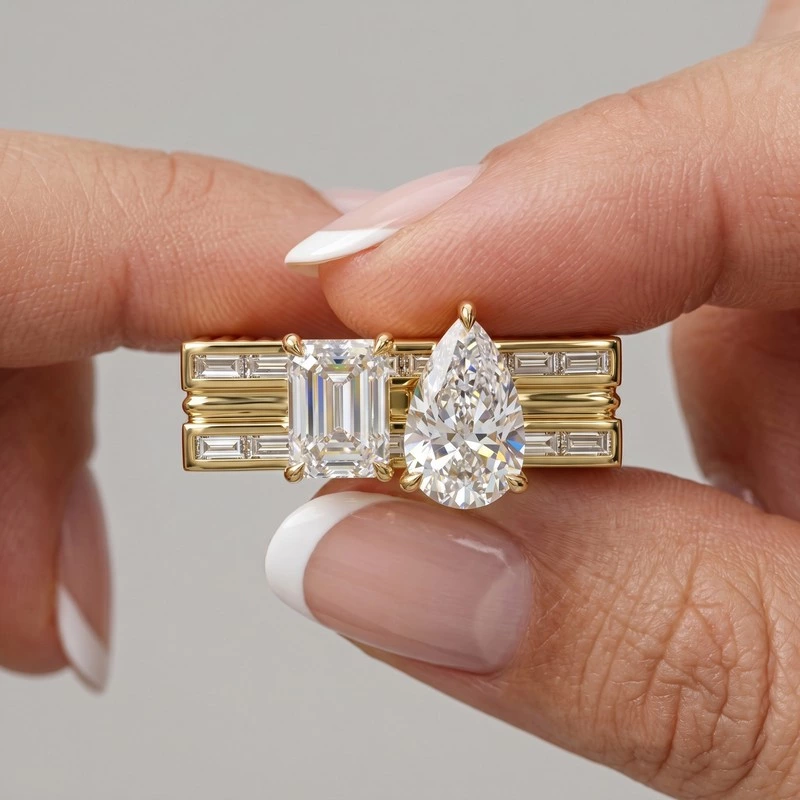 Grooved Two-Stone Lab Diamond Engagement Ring Front Details