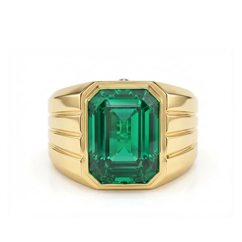 Men's Solid Gold Bezel Set Emerald Cut Emerald Signet Ring