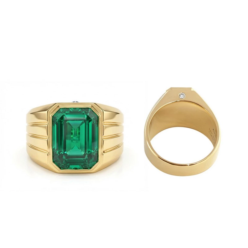 Men's 18K Gold Emerald Bezel Signet Ring with Side lab Diamonds