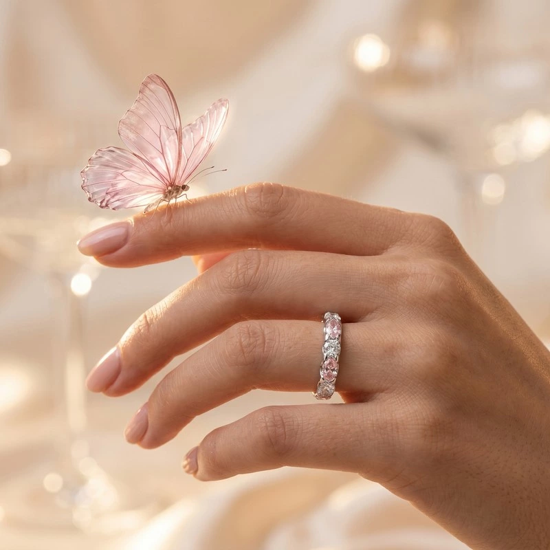 Pink Marquise & Round Lab Diamond Eternity Band Wearing Effect