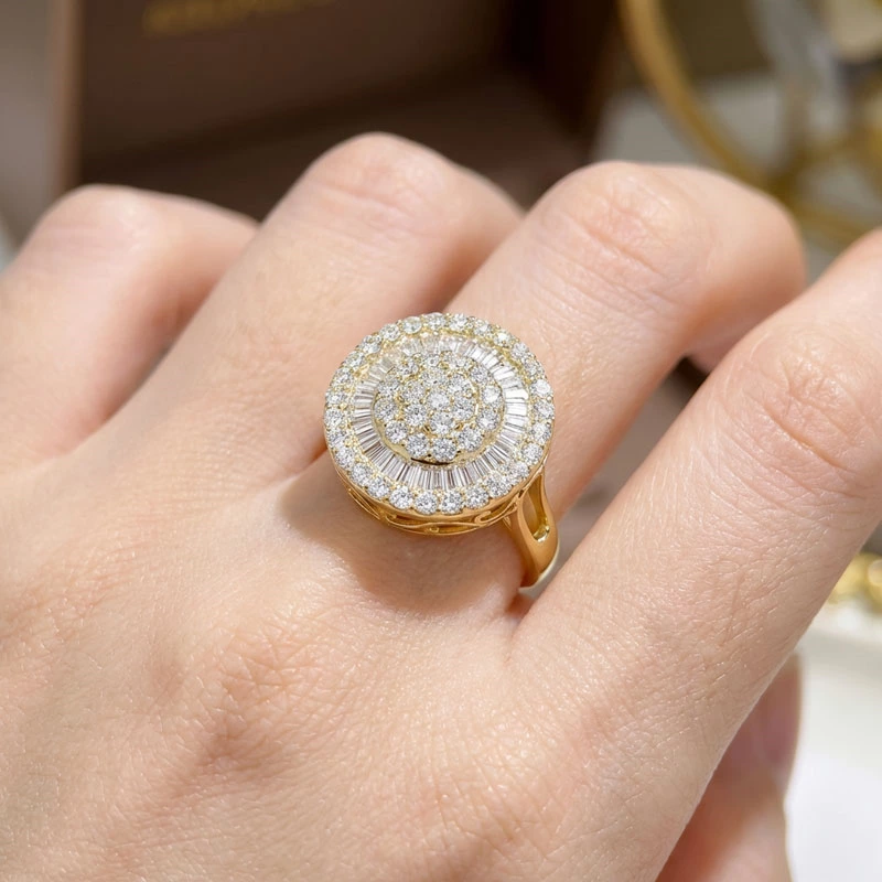 Round Cluster Halo Lab Diamond Open Filigree Ring Wearing Effect