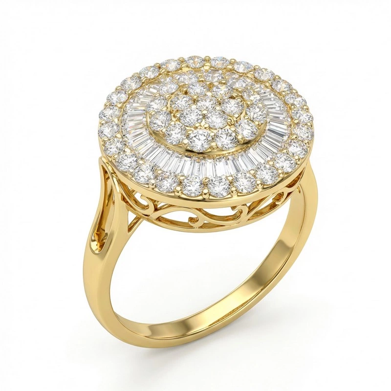 Triple-Tone Round Cluster Halo Lab Diamond Open Filigree Ring