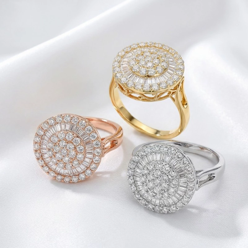 Round Cluster Halo Lab Diamond Open Filigree Ring in yellow gold, rose gold and white gold