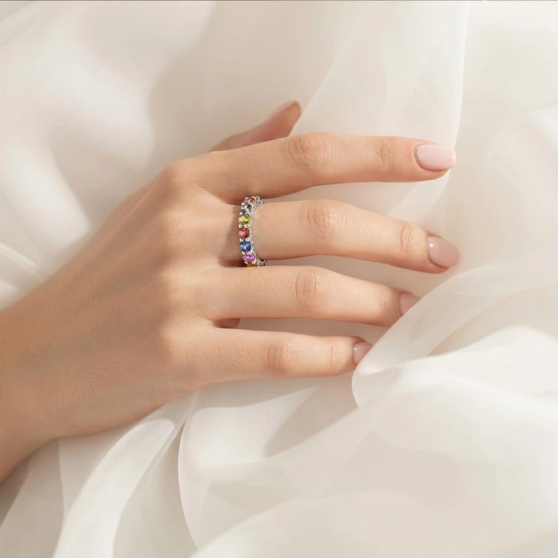 Rainbow Gemstone Full Eternity Band Ring Wearing effect