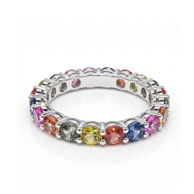 White Gold Rainbow Round Gem Full Eternity Band With Shared Prong Setting