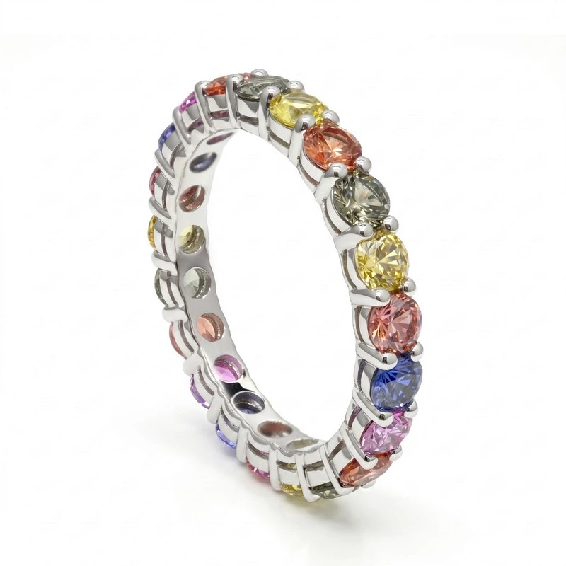 Rainbow Gemstone Full Eternity Band Ring Wearing effect