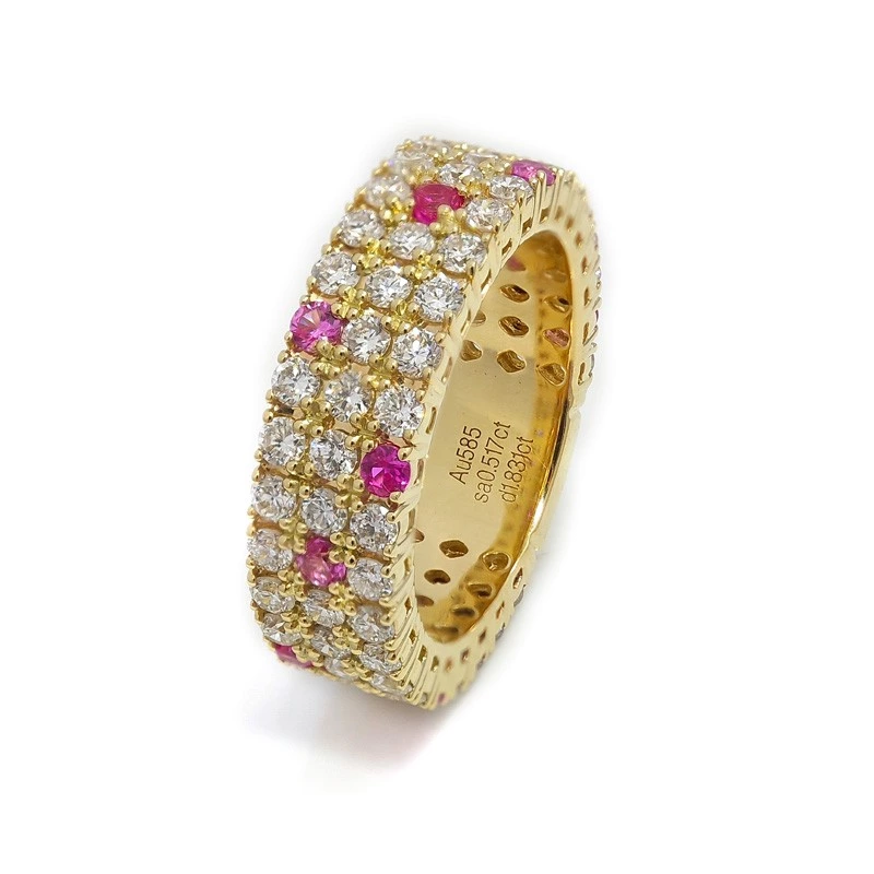 Tri-Row Lab Diamond & Pink Sapphire Band Ring Close Up