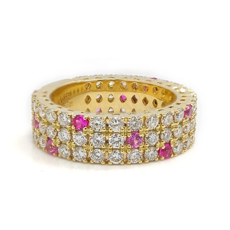 Yellow Gold Pave Band Alternating White Lab Diamonds & Pink Sapphire Accents