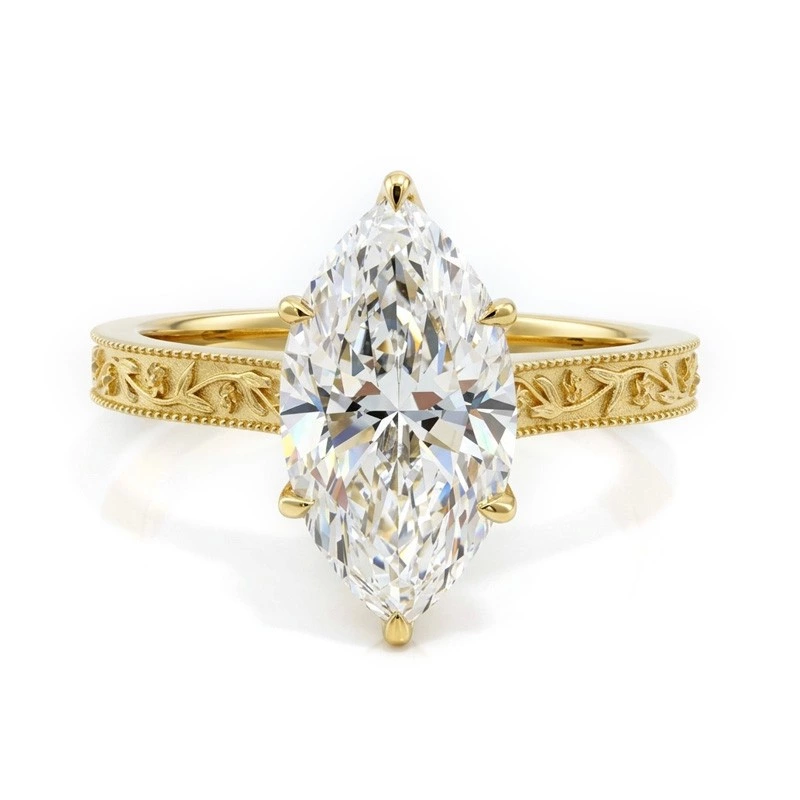 Vintage Yellow Gold Solitaire Marquise Lab Diamond Engraved Band Ring