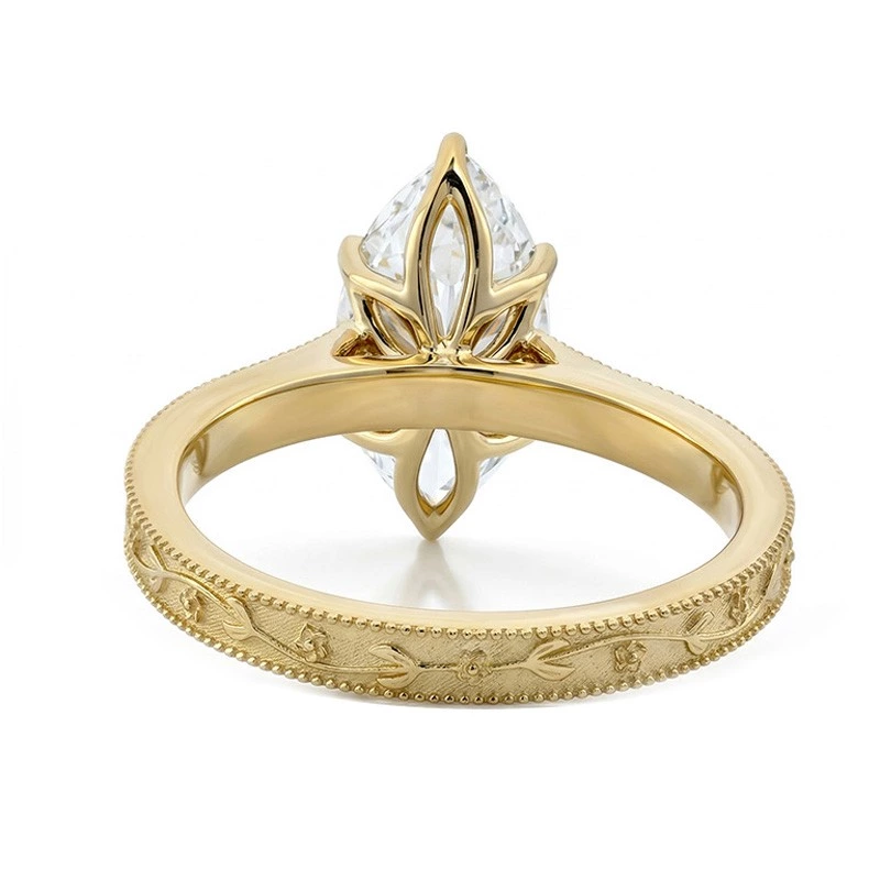 Solitaire Marquise Lab Diamond Vine Engraved Ring Background View