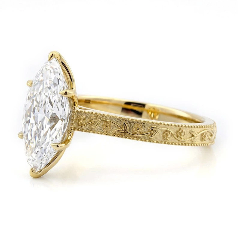 Solitaire Marquise Lab Diamond Vine Engraved Ring