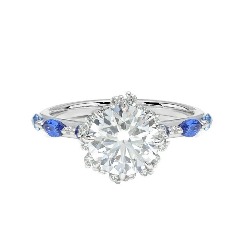 White Gold Halo Round Lab Diamond Ring With Marquise Sapphire Side Accents