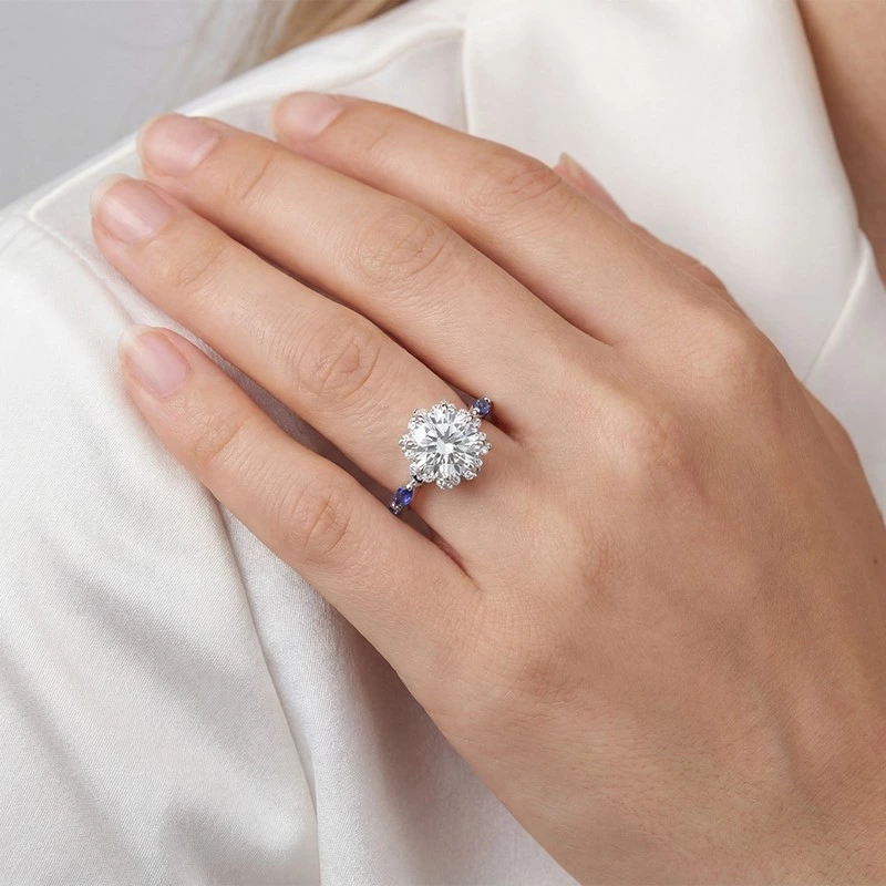 Lab Diamond Halo Ring With Marquise Cut Sapphire wearing effect