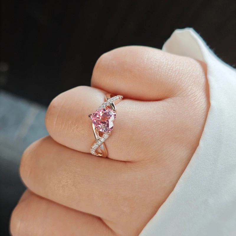 Heart Cut Pink Lab Diamond Solitaire Ring Twisted Shank Wearing Effect