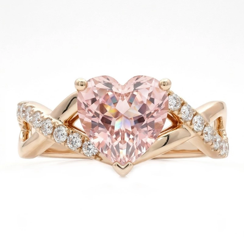 Rose Gold Twisted Band Heart Cut Pink Lab Diamond Solitaire Ring