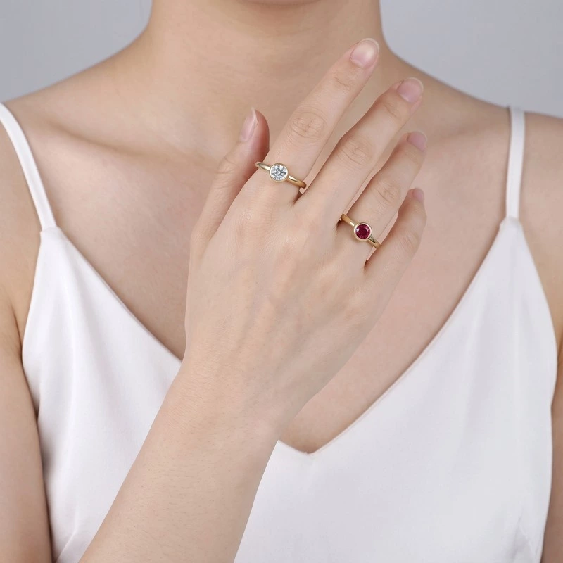 Minimalist Small Ruby Slim Wedding Band Ring Wearing Effect
