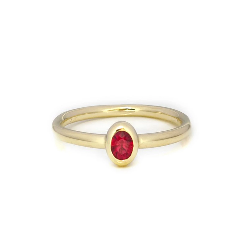 Yellow Gold Bezel Set Oval Ruby Slim Stackable Minimalist Band Ring