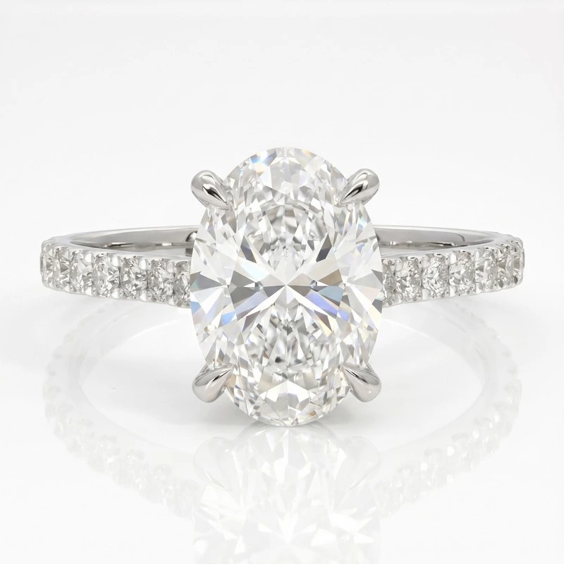 White Gold 4-Prong Oval Lab Diamond Pave Shank Engagement Ring