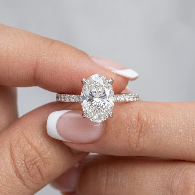 4 Prong Oval Solitaire Lab Diamond Pave Engagement Ring Close Up