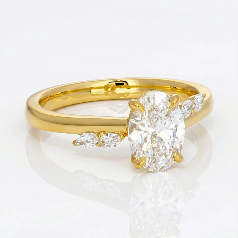 Soft Whimsical Oval Diamond Yellow Gold Accent Bridal Ring Close up