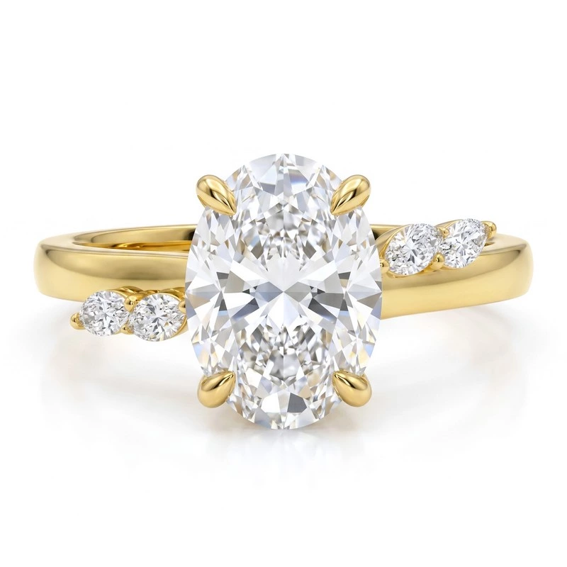 Soft Whimsical Oval Diamond Yellow Gold Accent Side Stone Bridal Ring