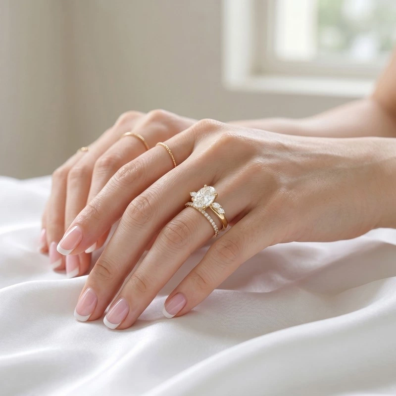Soft Whimsical Oval Diamond Yellow Gold Accent Bridal Ring Wearing Effect