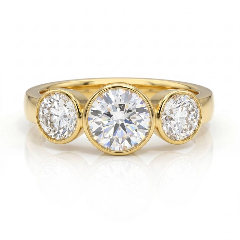 Timeless Three-Stone Bezel Set Round Lab Diamond Warm Yellow Gold Stackable Ring
