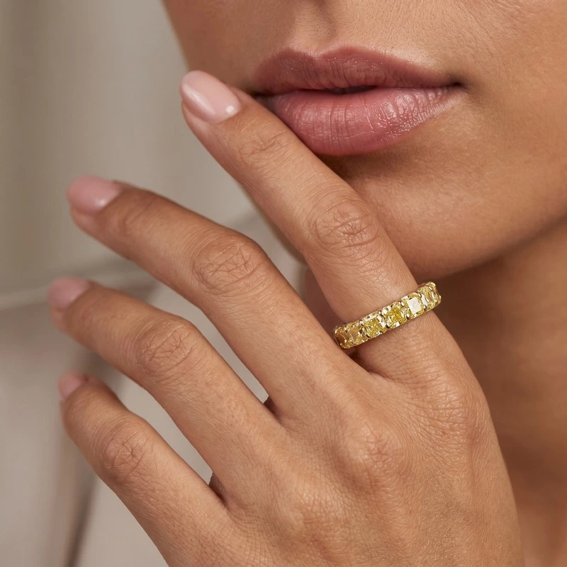Opulent Cushion Cut Yellow Lab Diamond Eternity Band Ring Wearing Effect