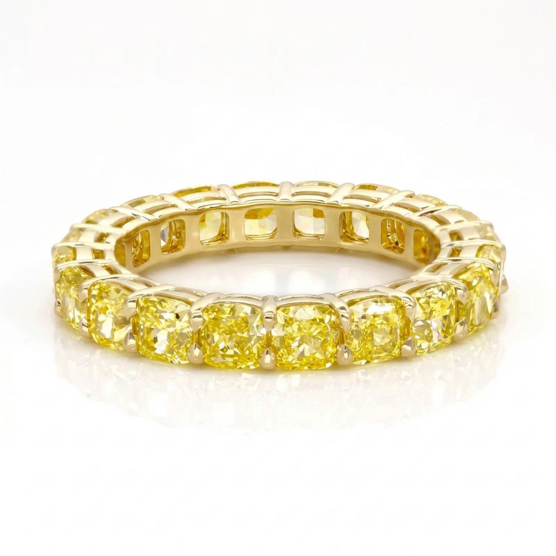 Opulent Cushion Cut Fancy Yellow Lab Diamond Full Eternity Gold Band Ring