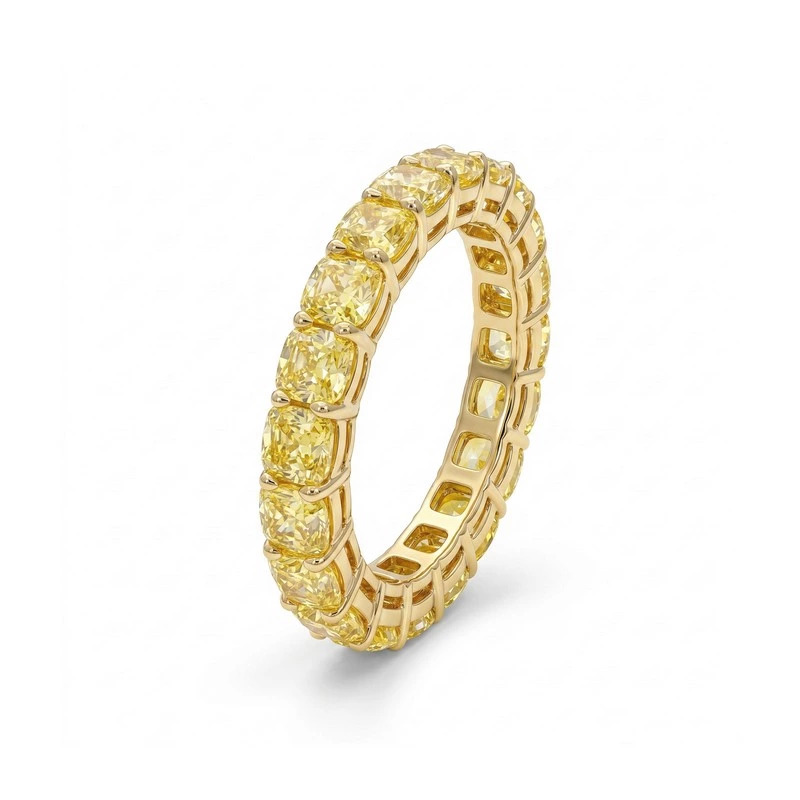 Opulent Cushion Cut Yellow Lab Diamond Eternity Band Ring Close Up