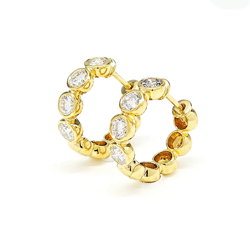 18K Yellow Gold Bezel Set Lab Created Diamond Huggie Hoops 8 Stones Each Side