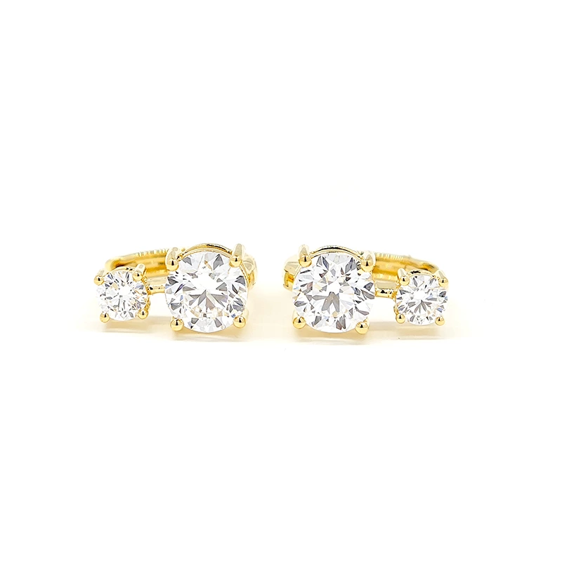 Two Stone Asymmetrical Round Lab Grown Diamond Yellow Gold Huggie Earrings
