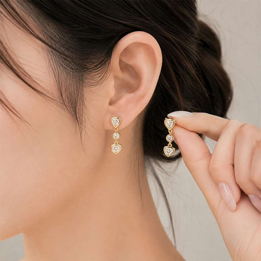 Trillion Cut Lab Created Diamond Drop Stud Earrings Wearing Effect